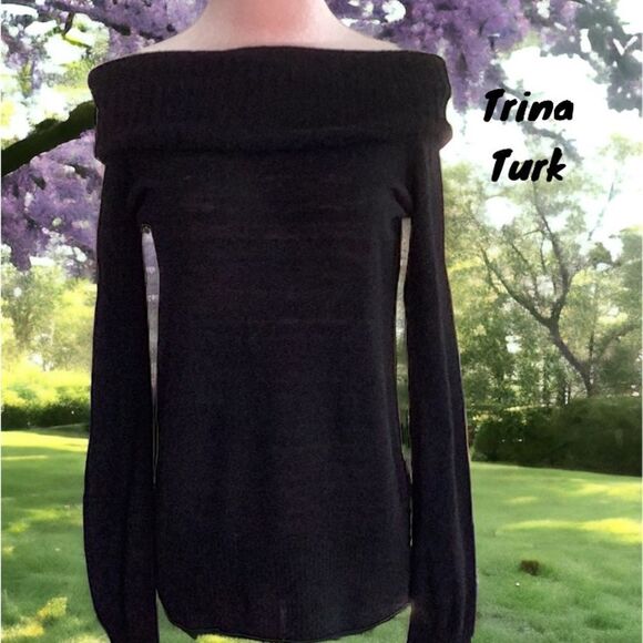 TRINA TURK NWT WOOL BLEND KNIT LIGHT WEIGHT SWEATER BLACK OFF THE SHOULDER SMALL - Picture 1 of 9